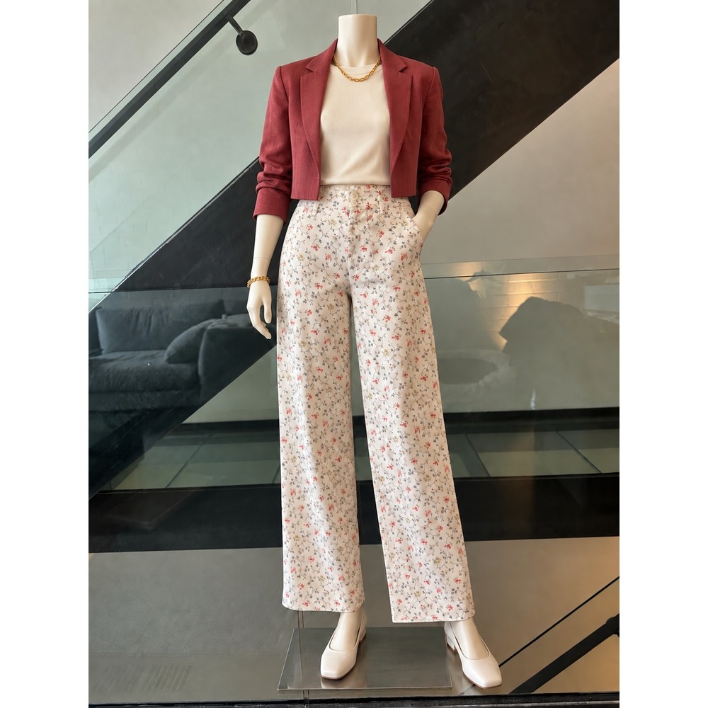 Rebecca Taylor Floral Wide Leg High Waisted Pants Cream Denim Size 26